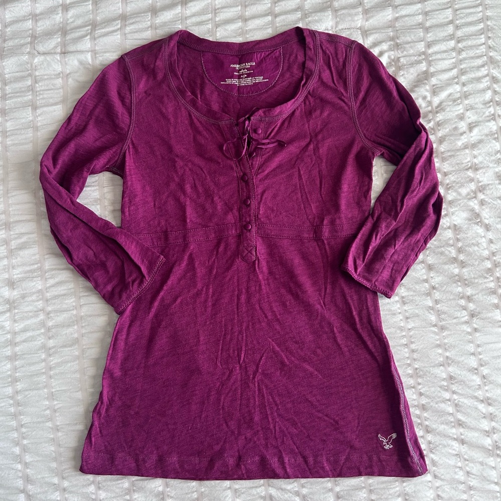 American Eagle Maroon Henley Half Sleeve Lace Up Top (SP)